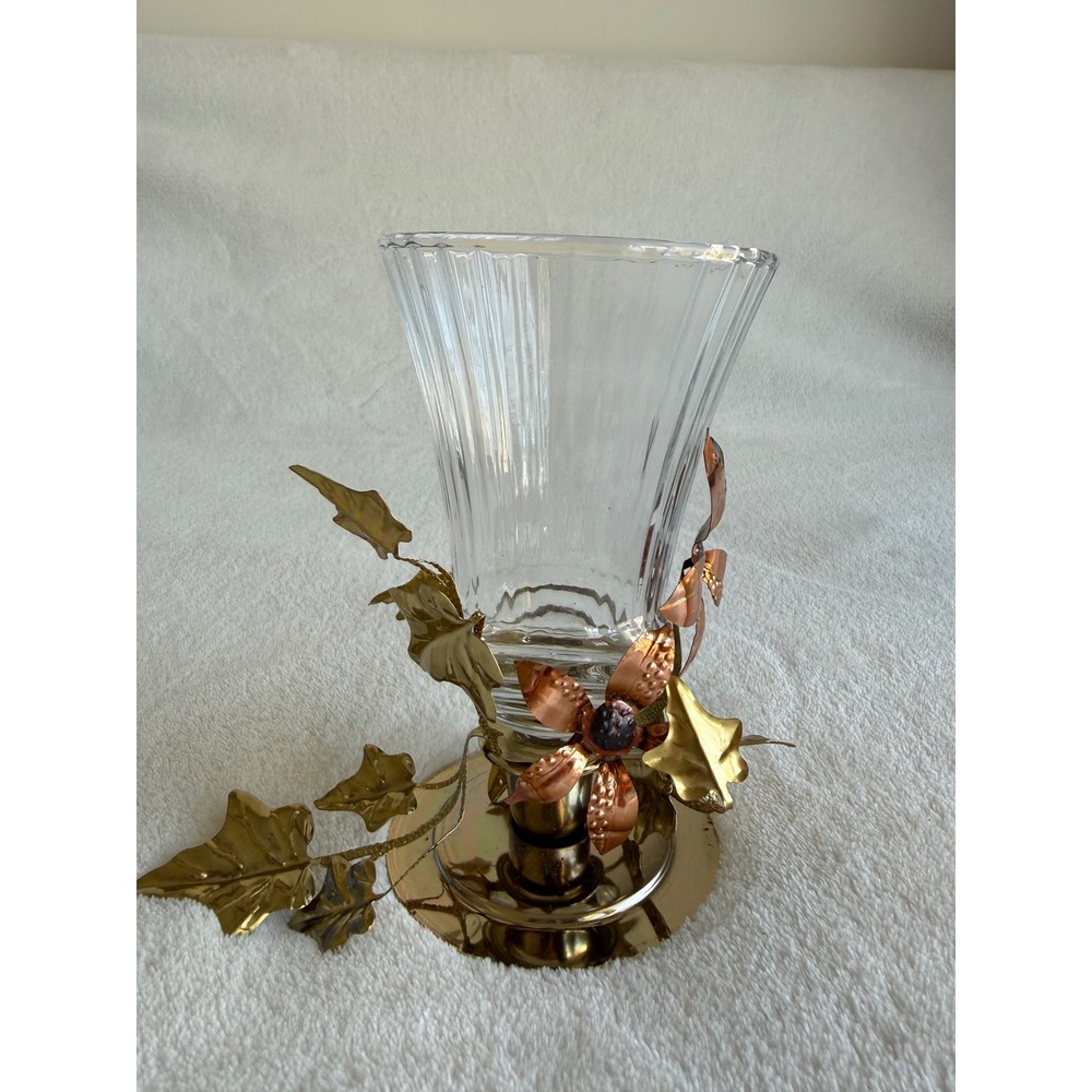 Vintage Homco Glass Candle Votive Sconce Copper Gold Leaves Brass Base Fairy - Picture 1 of 9